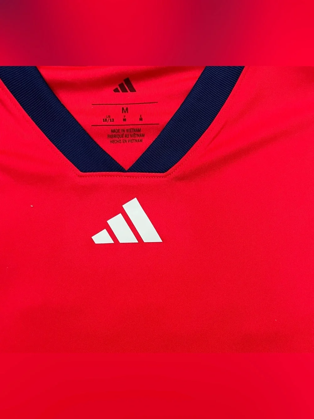 adidas Boys Soccer Jersey T-Shirt Red/Blue/White V-Neck Short Sleeve M
